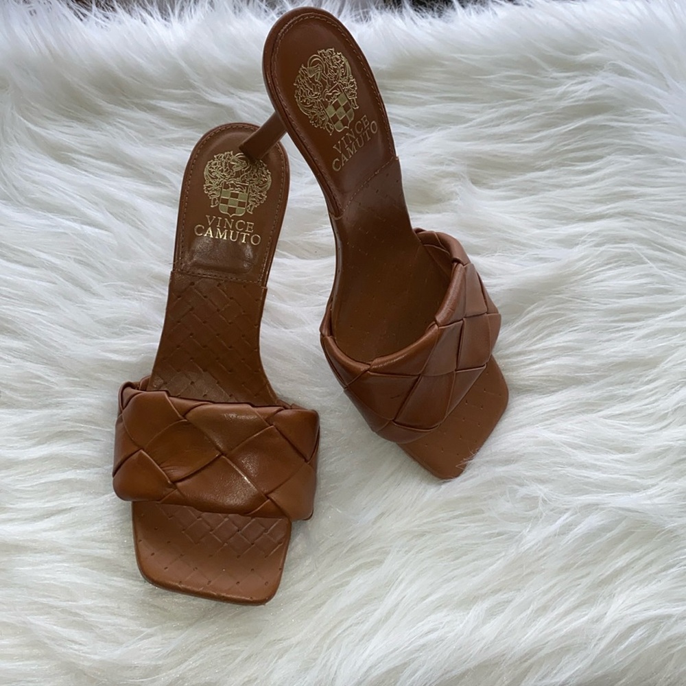 Vince Camuto Brown Woven Leather Slide Mules